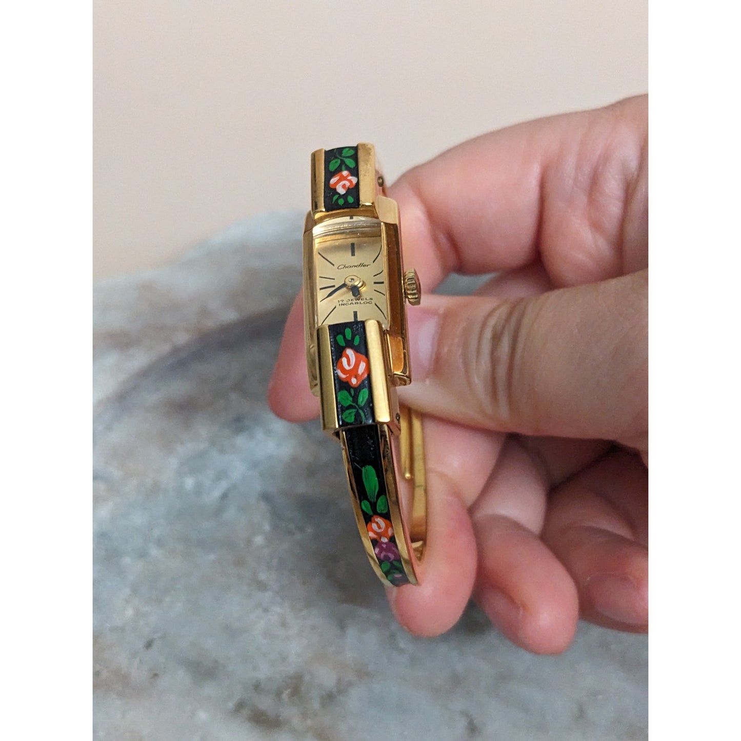 Vintage Andre Mouche Silver Tone Bangle Watch with Blue Floral Enamel Working