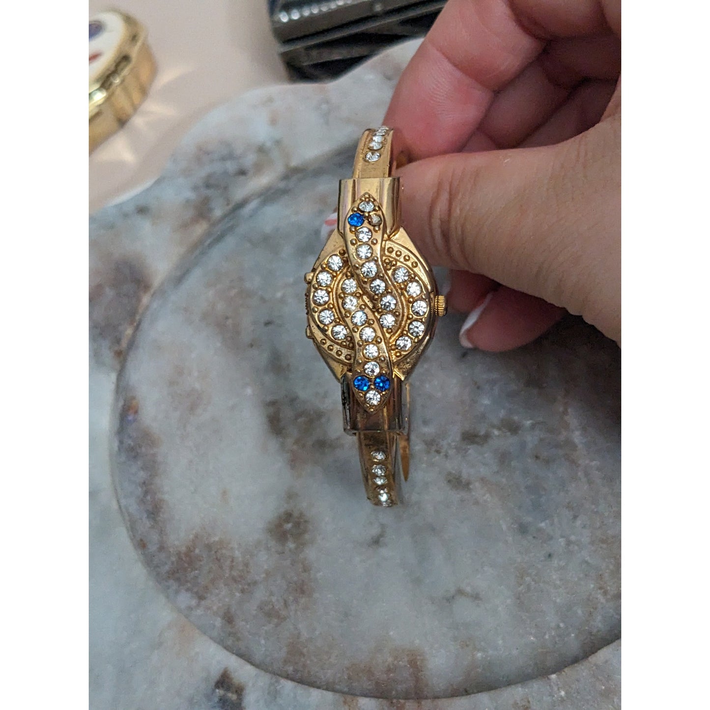 Vintage Andre Mouche Silver Tone Bangle Watch with Blue Floral Enamel Working