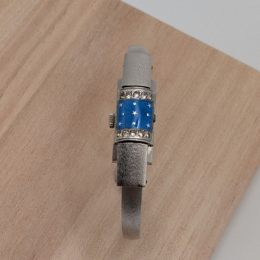 Vintage Chandler Manual Silver Tone Peekaboo Bangle Watch Blue Star Cover