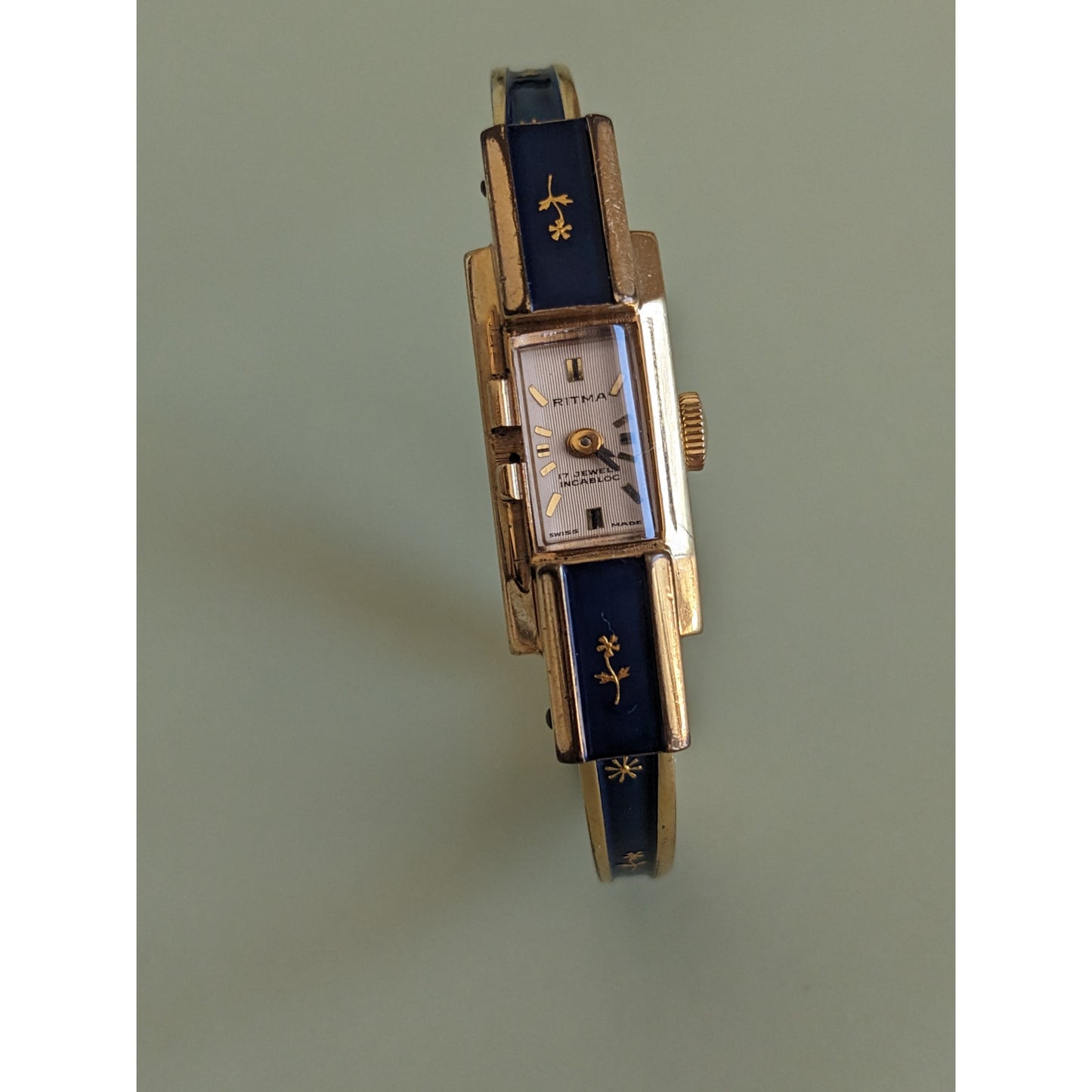 FLAW Vintage Ritma Manual Gold Tone Bangle Watch with Blue Enamel and Flowers