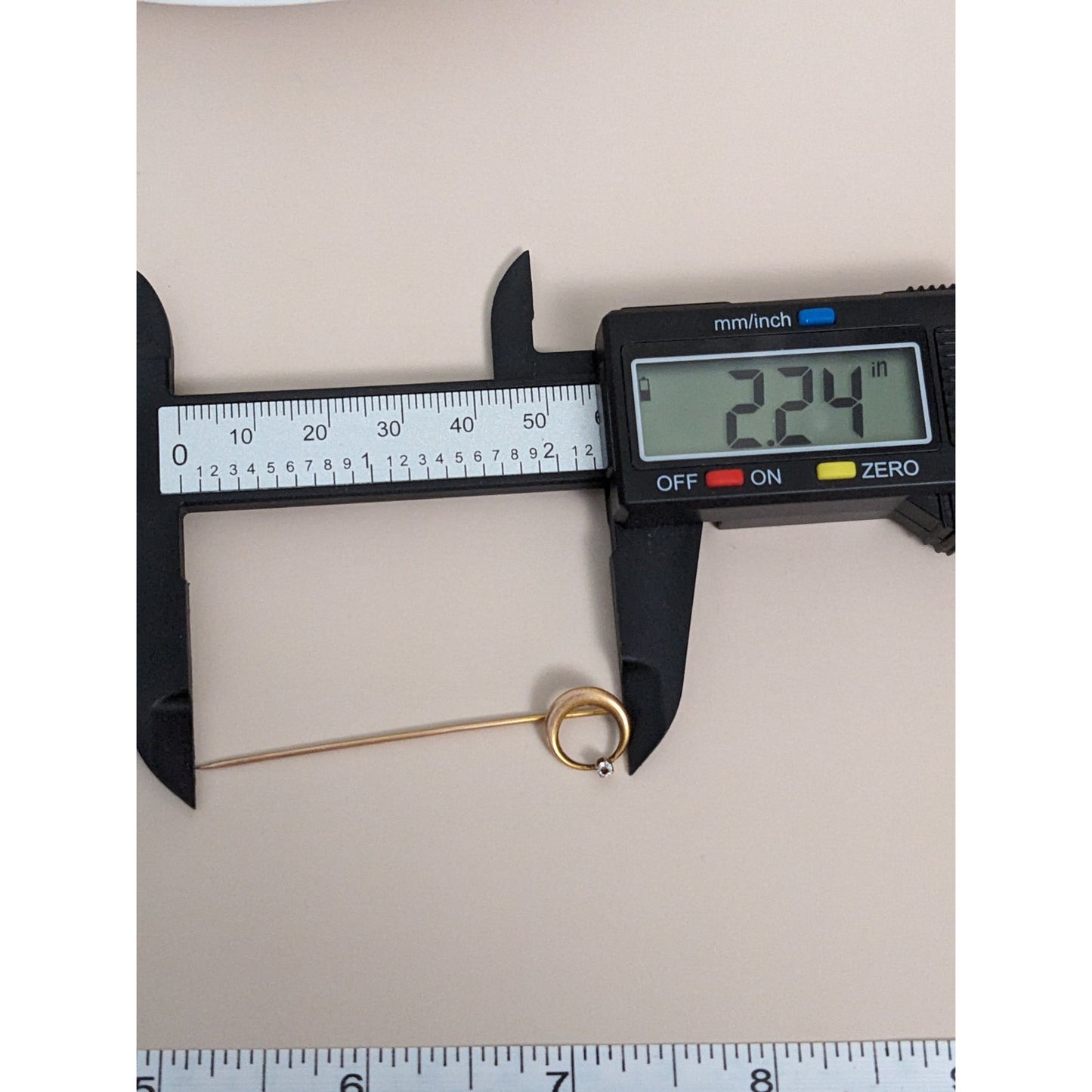 Antique Unmarked 12k Yellow Gold White Gem Crescent Moon Stick Pin