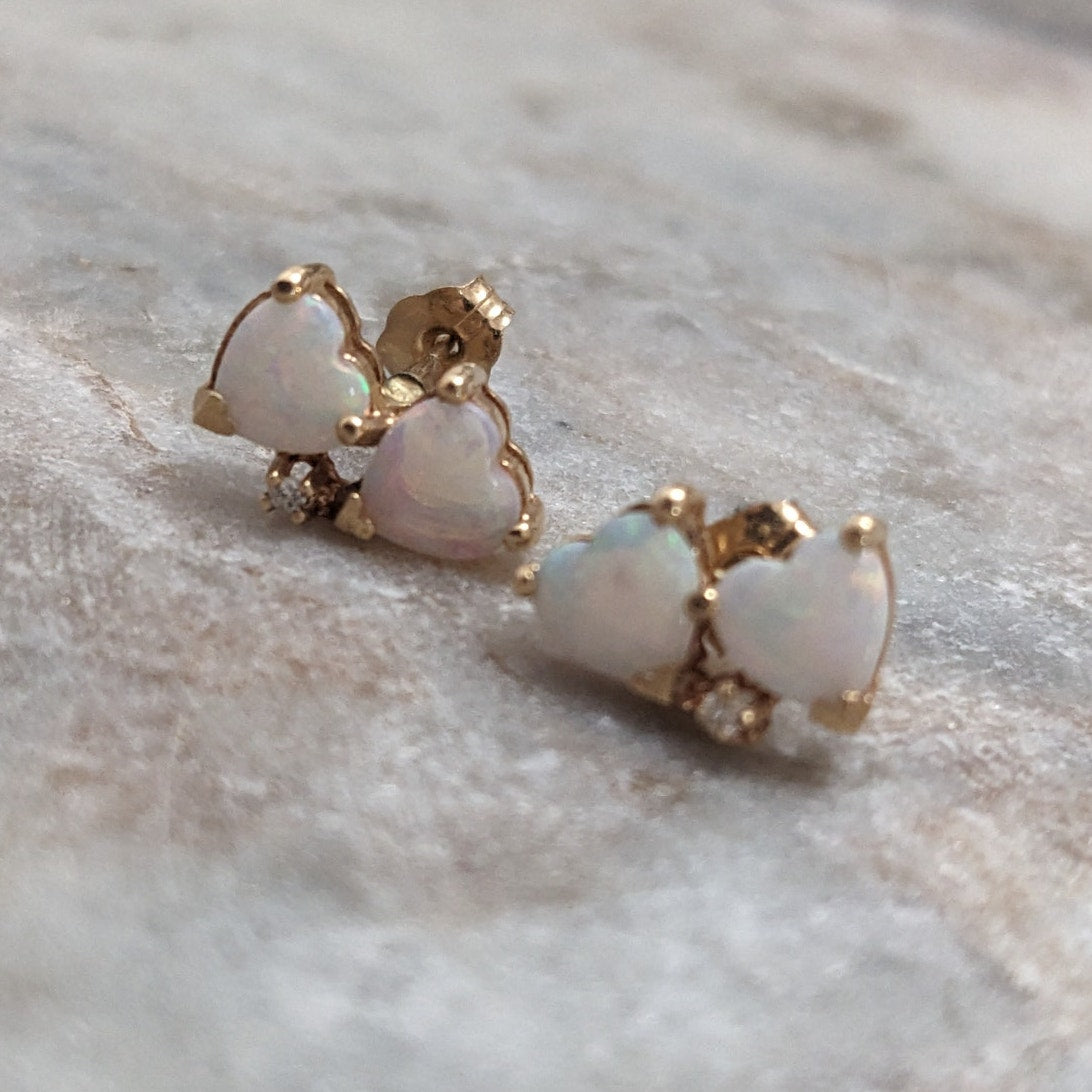 Vintage 14k Yellow Gold Double Opal Hears Stud Earrings