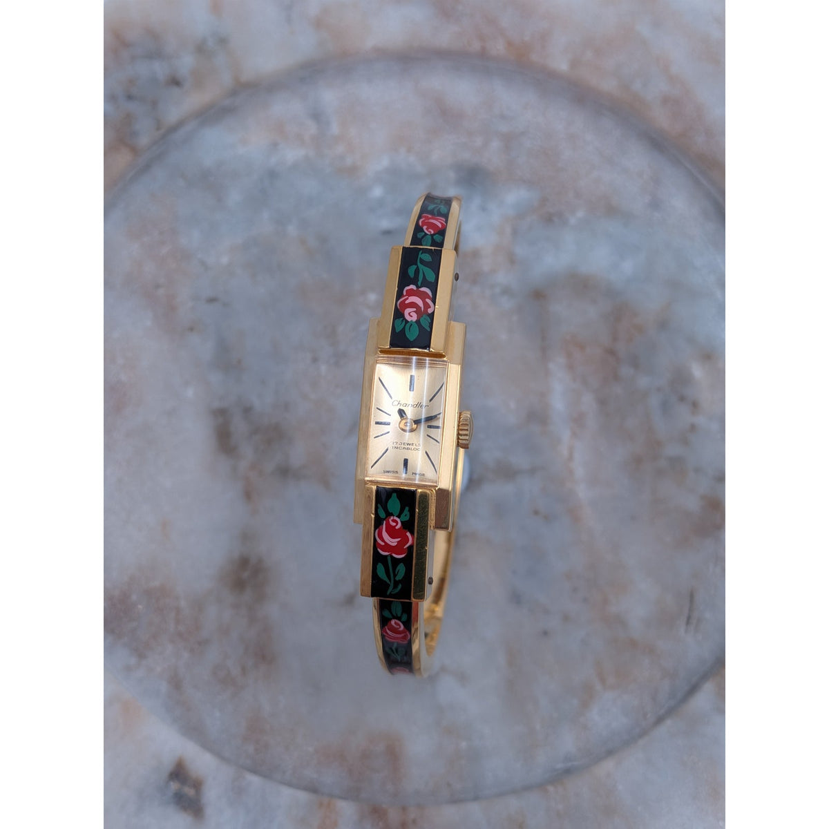 Vintage Chandler MANUAL Gold Tone Peekaboo Watch Black Enamel Red Flowers Dainty