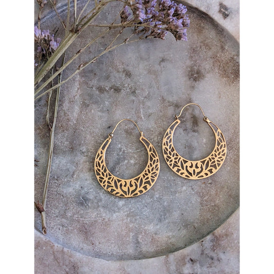 Vintage 14k Yellow Gold Geometric Flower Cutout Hoop Earrings