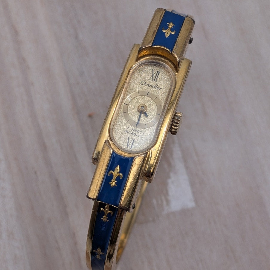 Vintage Chandler Gold Tone Manual Watch Blue Enamel Fleur De Lis Accents