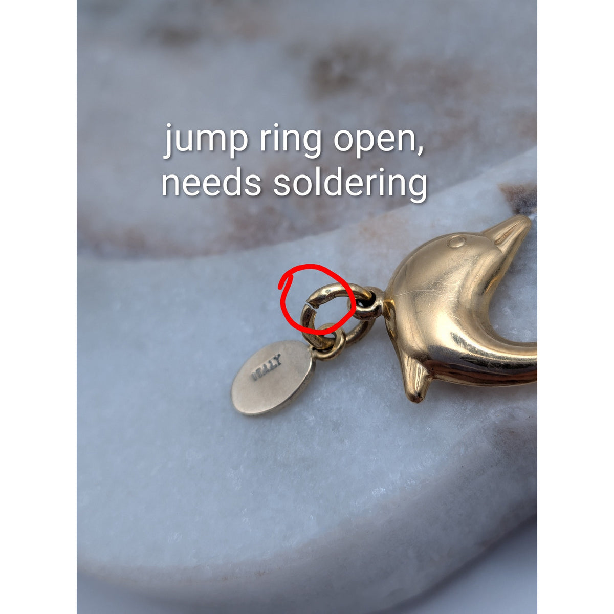 Vintage 18k Solid Yellow Gold Mini Dolphin Charm and Tag w/ Jump Ring (open)