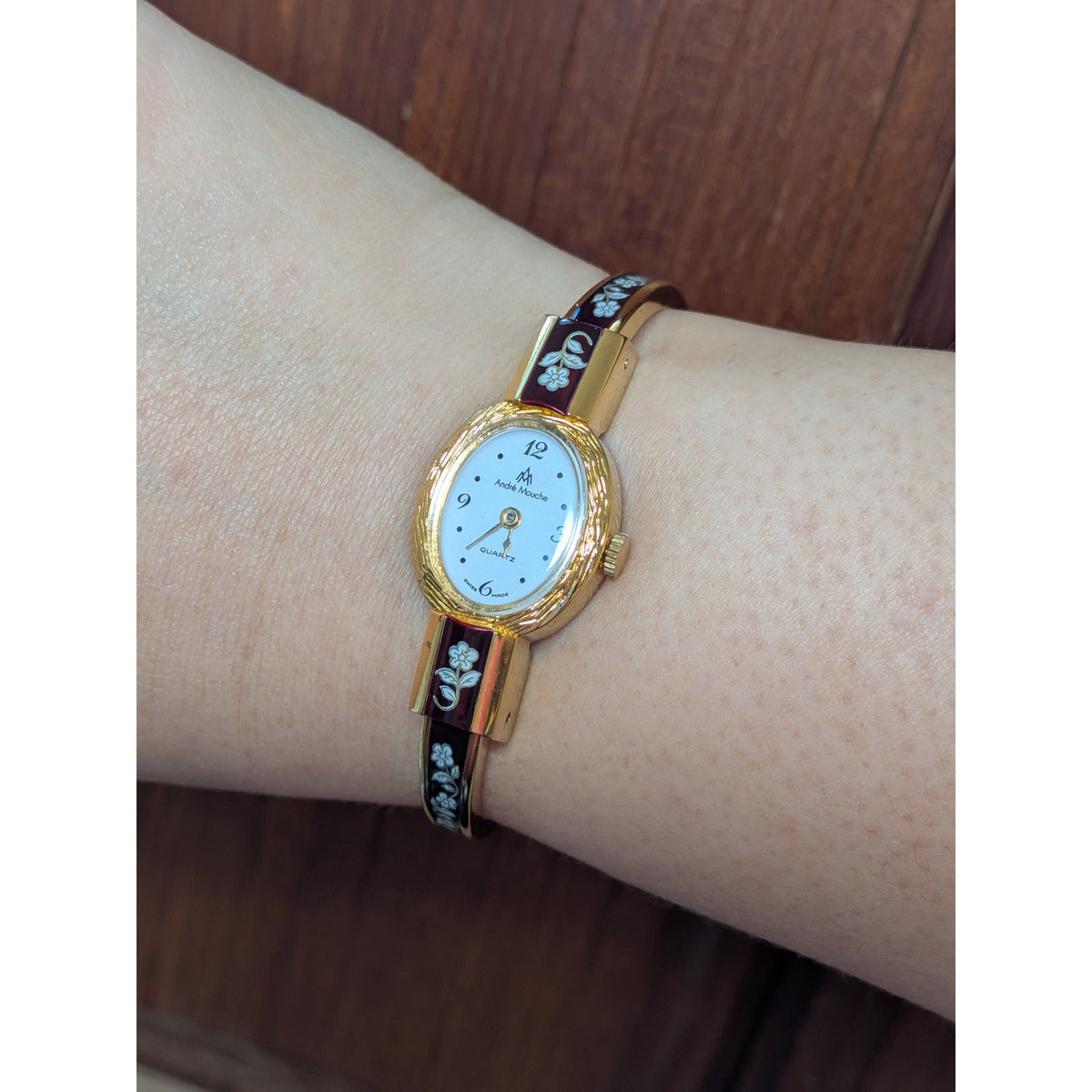 Vintage Andre Mouche Gold Tone Bangle Watch Reddish Brown Enamel White Flowers