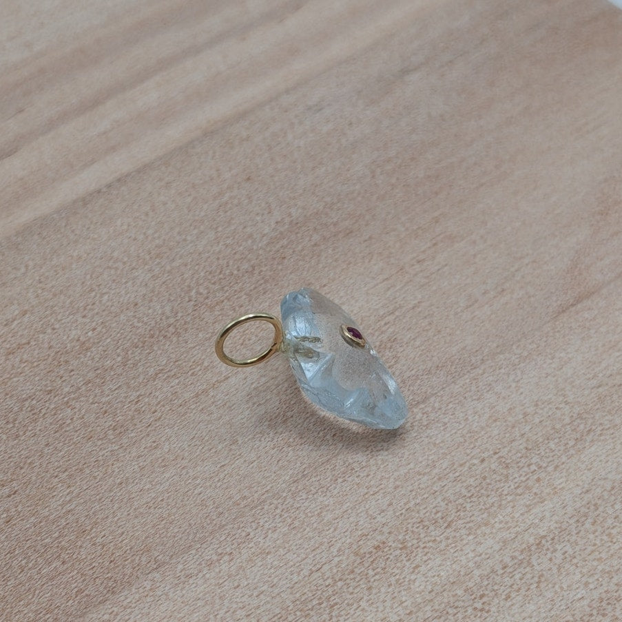 14K Gold Blue Topaz Cloud Pendant Natural Ruby Inlay Carved Gemstone