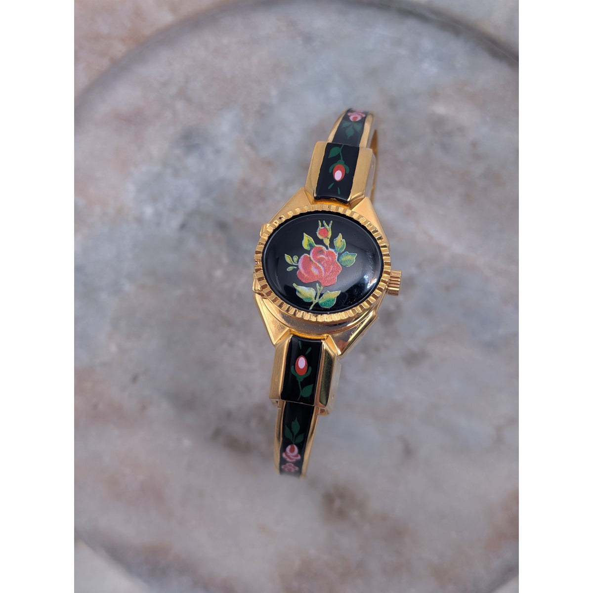 Vintage Itraco Gold Tone Peekaboo Watch Black Enamel Red Florals