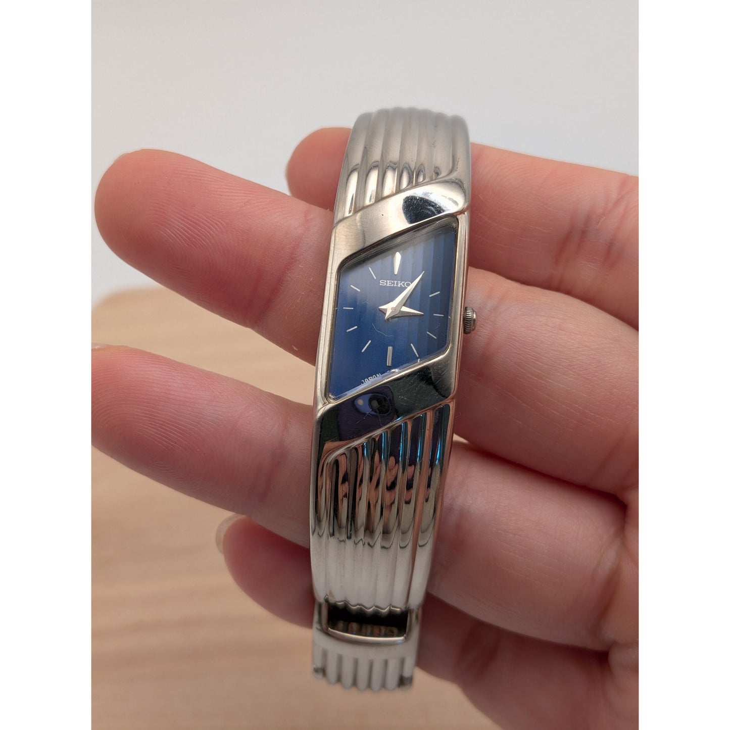 Vintage Seiko Rivoli Silver Tone Asymmetrical Watch Dark Blue Dial