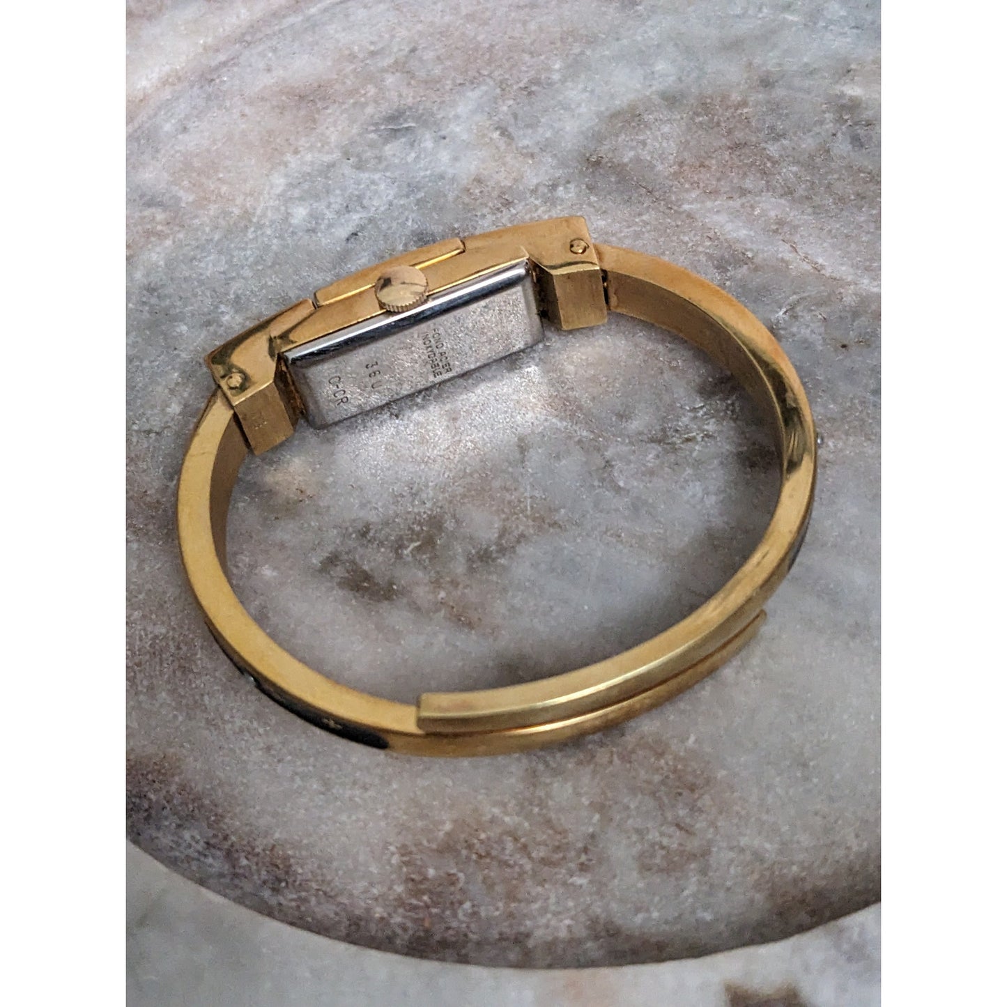 Vintage Andre Mouche Silver Tone Bangle Watch with Blue Floral Enamel Working