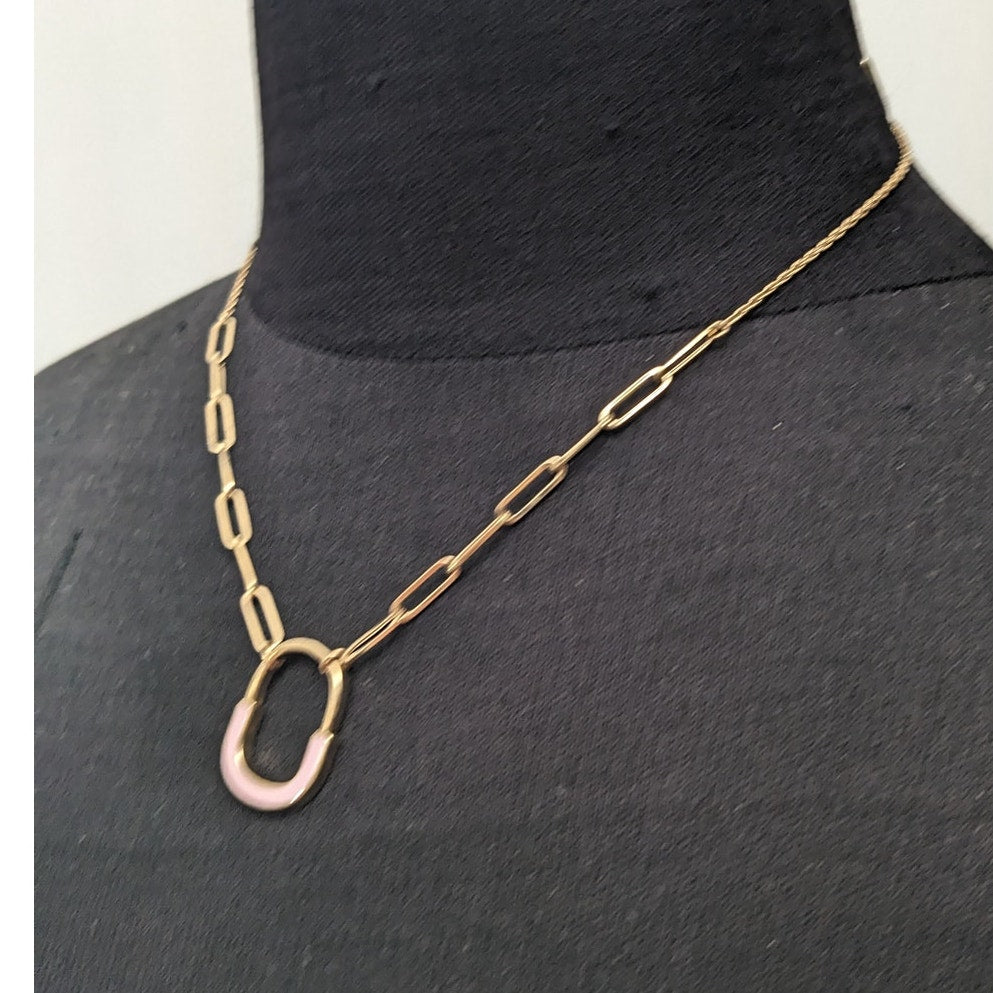 Preowned 14k Yellow Gold Paper Clip Chain Necklace Pink Enamel Pendant 18in