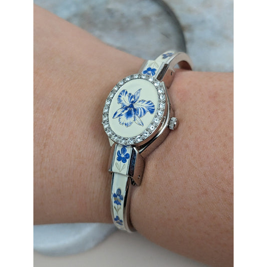 Andre Mouche Silver Tone Peek a Boo Watch Blue Floral Enamel White Gems Working