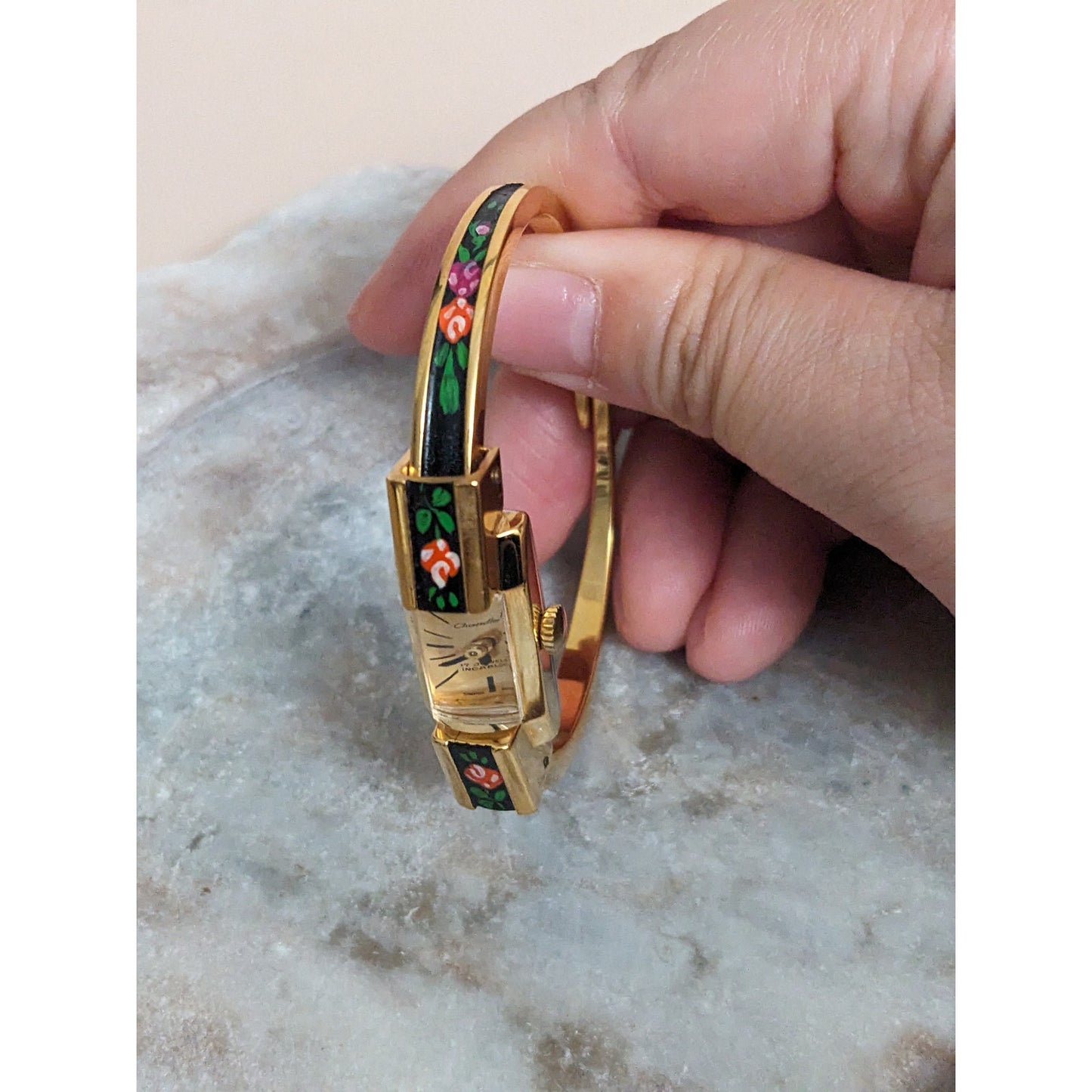 Vintage Andre Mouche Silver Tone Bangle Watch with Blue Floral Enamel Working