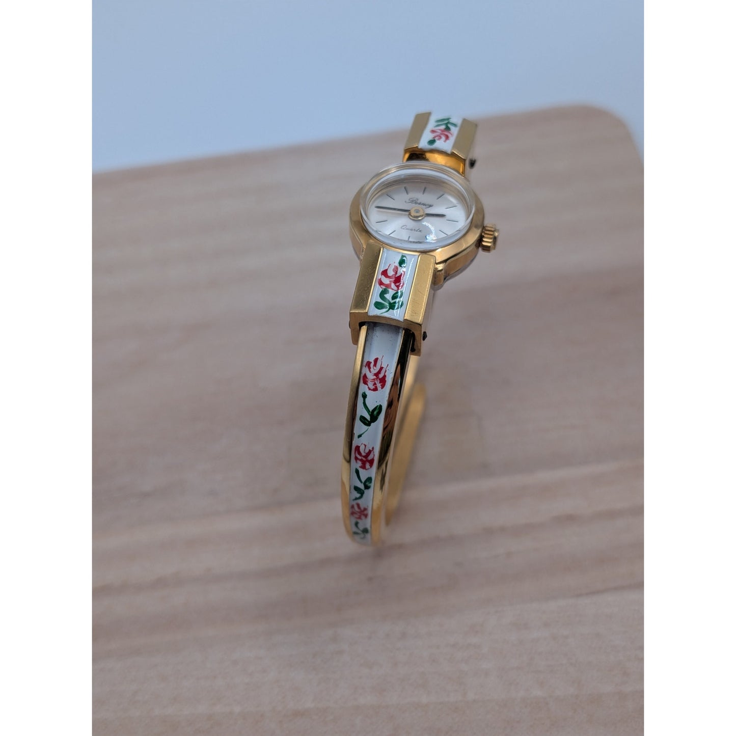 Vintage Berney Gold Tone Watch White Enamel with Red Flowers