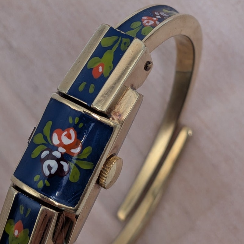 Vintage Ritma Gold Tone Peekaboo Manual Watch Blue Enamel Flowers