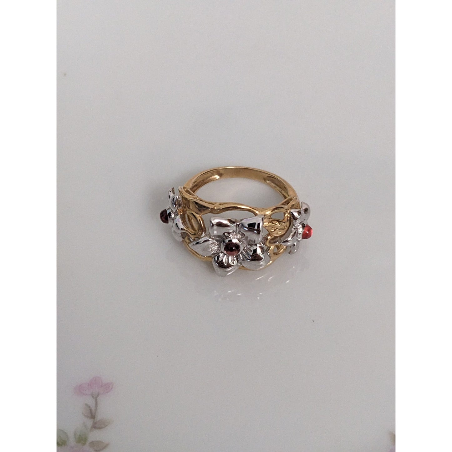 Estate 14k Yellow and White Gold Flower Ring with Pink Gems Size 5 US