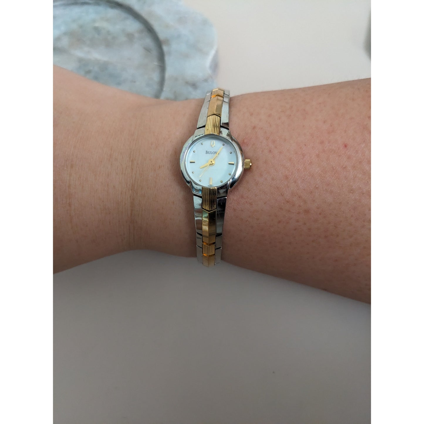 Vintage Andre Mouche Silver Tone Bangle Watch with Blue Floral Enamel Working