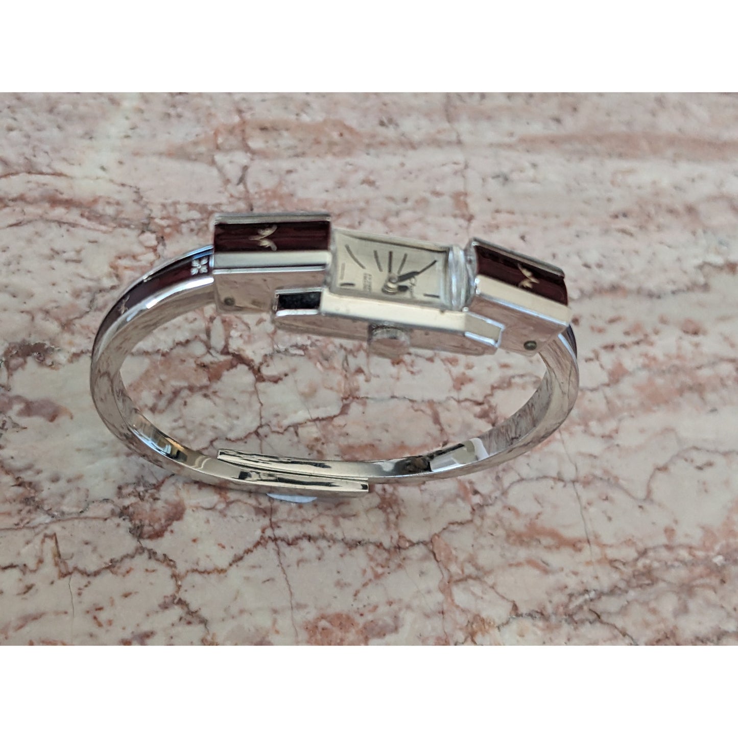 Vintage Chandler Manual Silver Tone Bangle Watch Red Enamel Botanical Shqapes