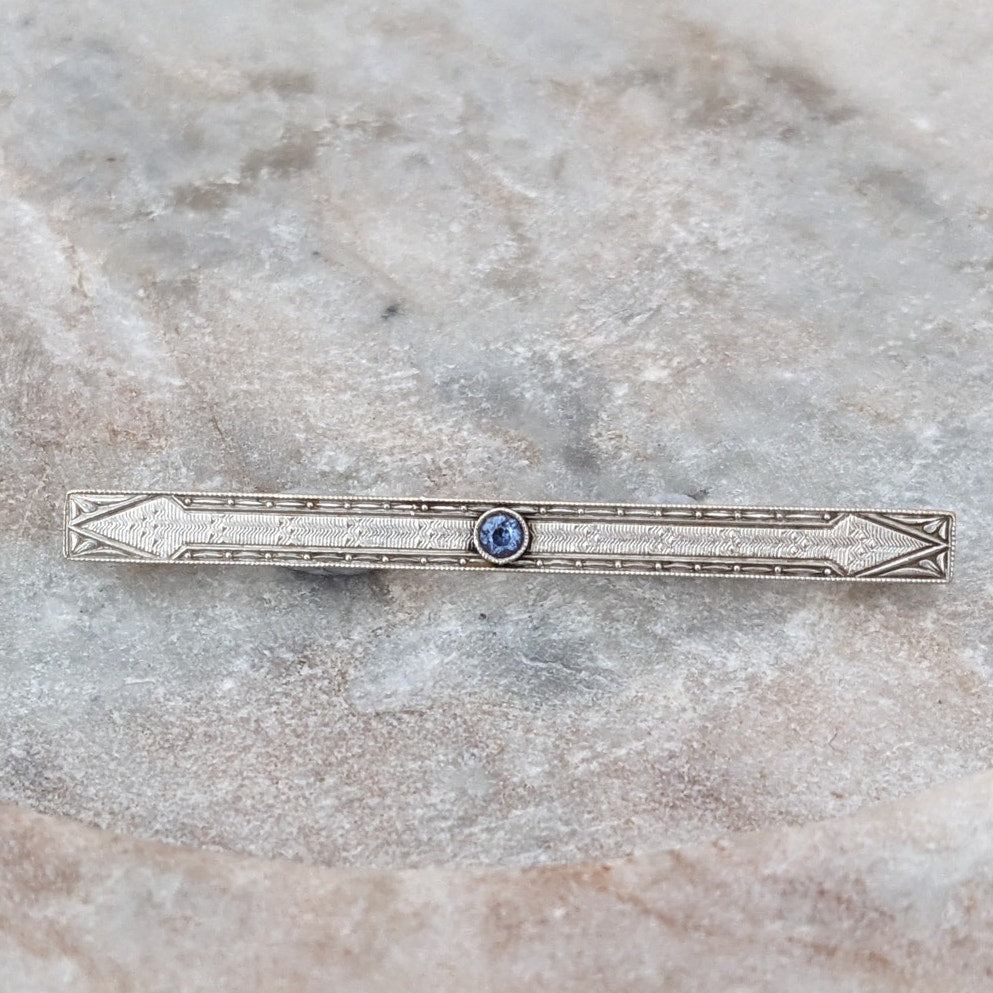 Vintage 14k White & Yellow Gold Bar Brooch with Blue Sapphire