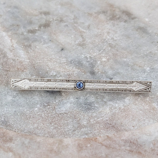 Vintage 14k White & Yellow Gold Bar Brooch with Blue Sapphire