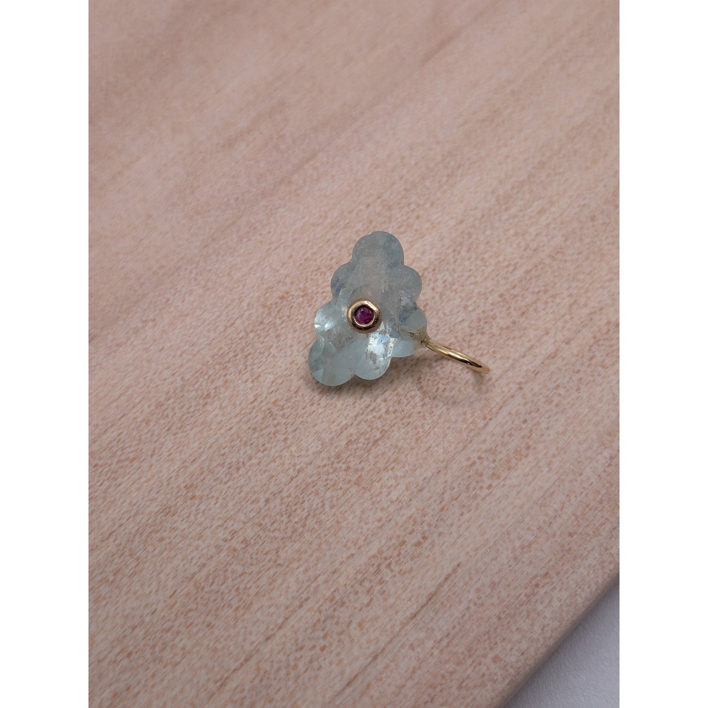 14K Gold Blue Topaz Cloud Pendant Natural Ruby Inlay Carved Gemstone