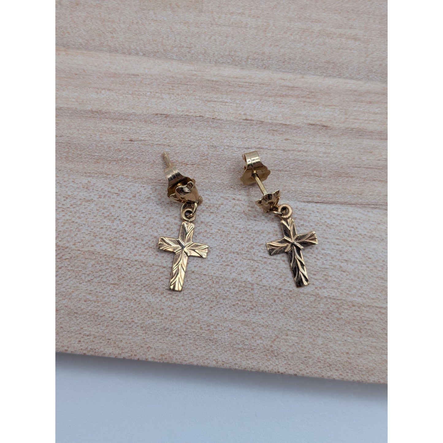 Vintage 14k Yellow Gold Dainty TINY Diamond Cut Cross Charm Earrings