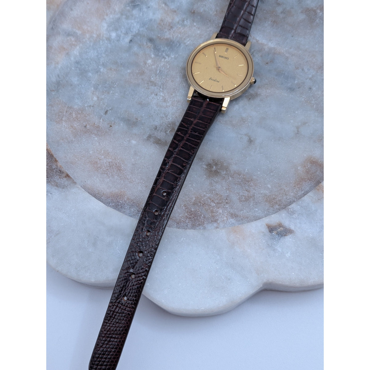 Vintage Seiko Exceline Minimalist Gold Dial 80s Quartz Watch 7321-0390