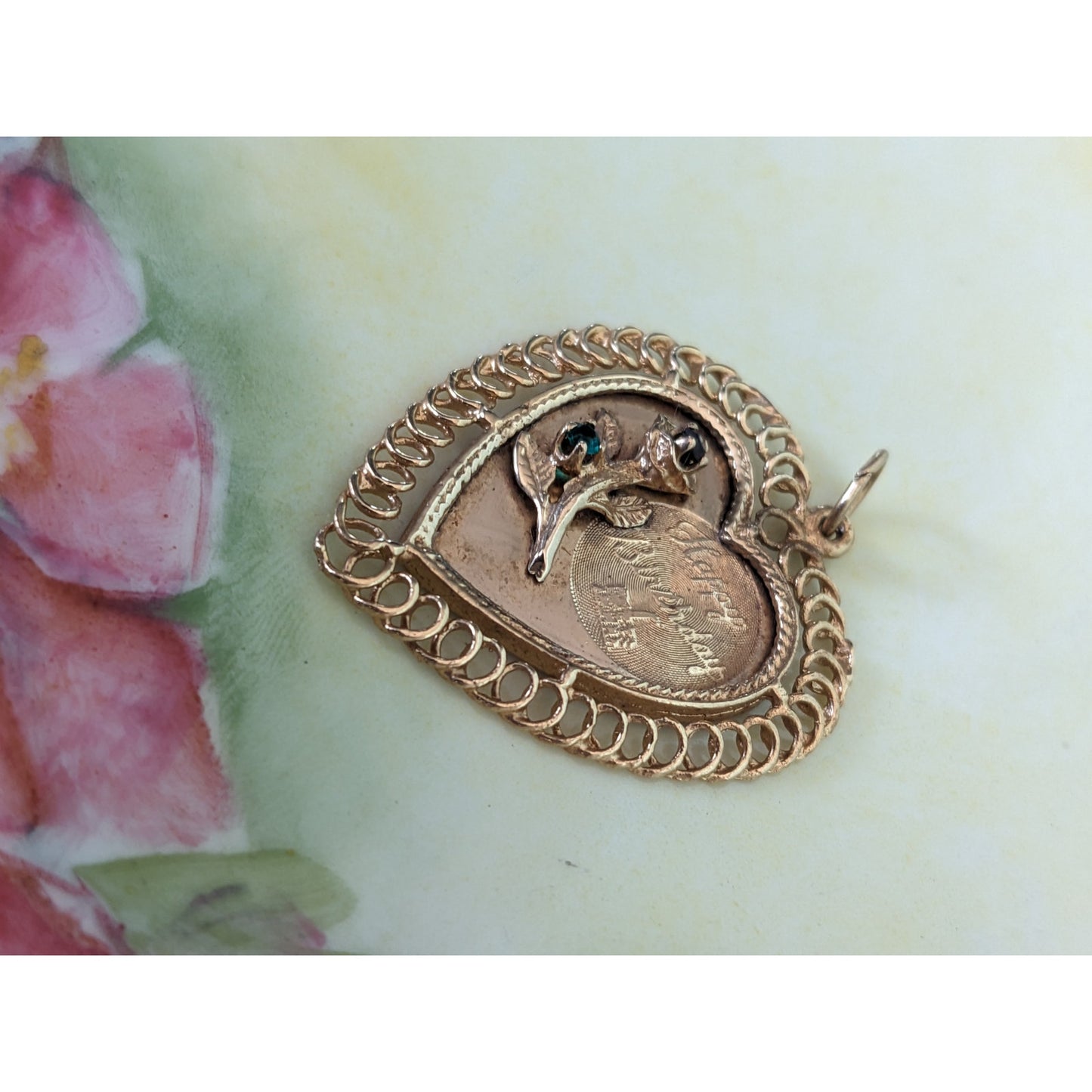 Vintage 14k Yellow Gold Jeweled "Happy Birthday" with Flower Pendant