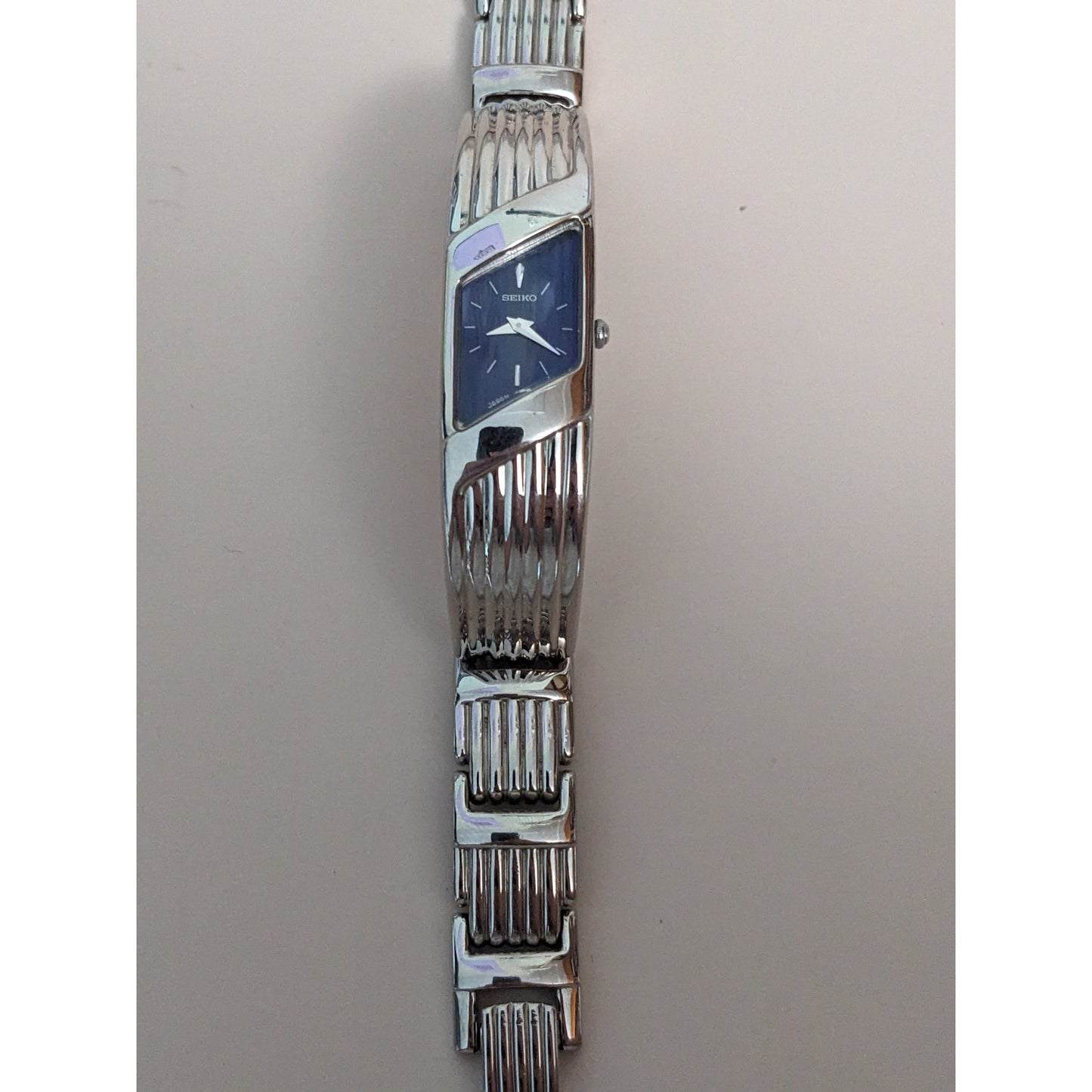 Vintage Andre Mouche Silver Tone Bangle Watch with Blue Floral Enamel Working