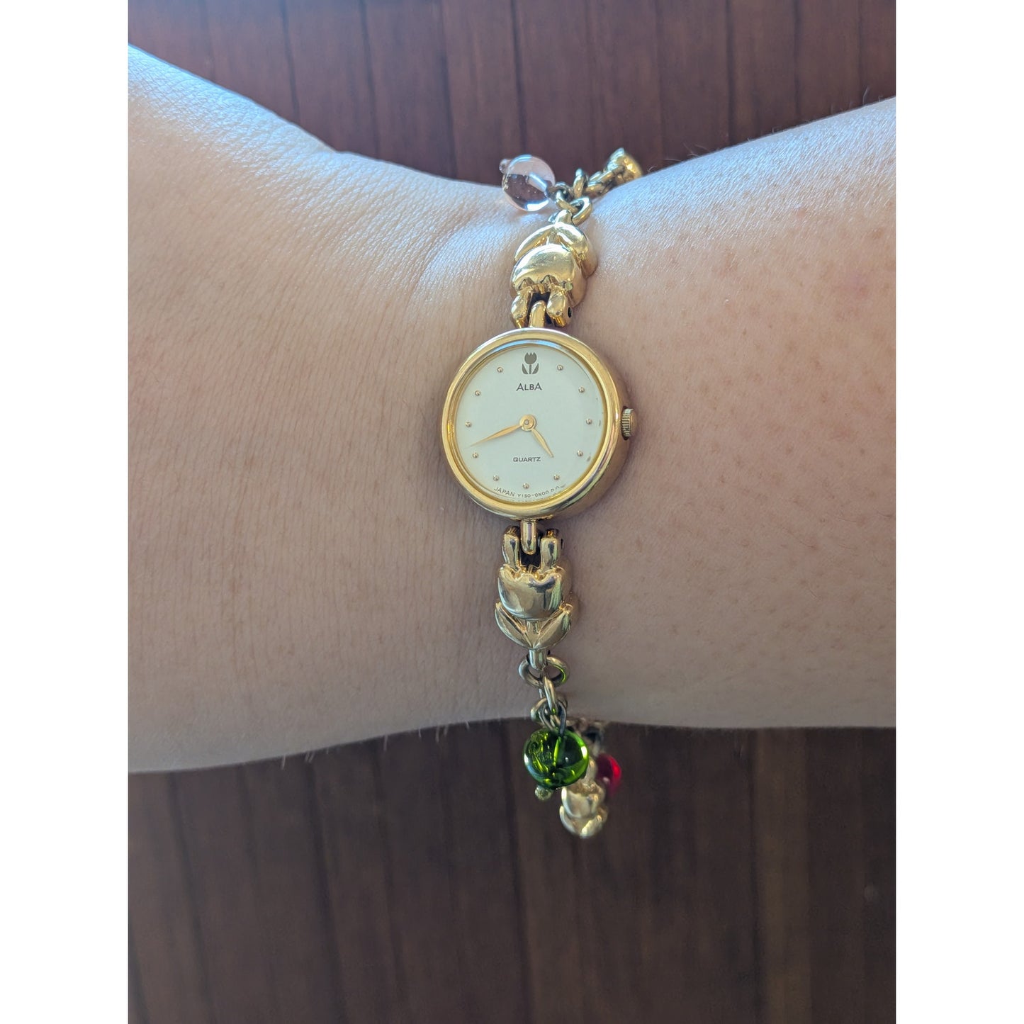 Vintage Modified Seiko Alba Gold Watch Flowers & Glass Drop Beads Charms