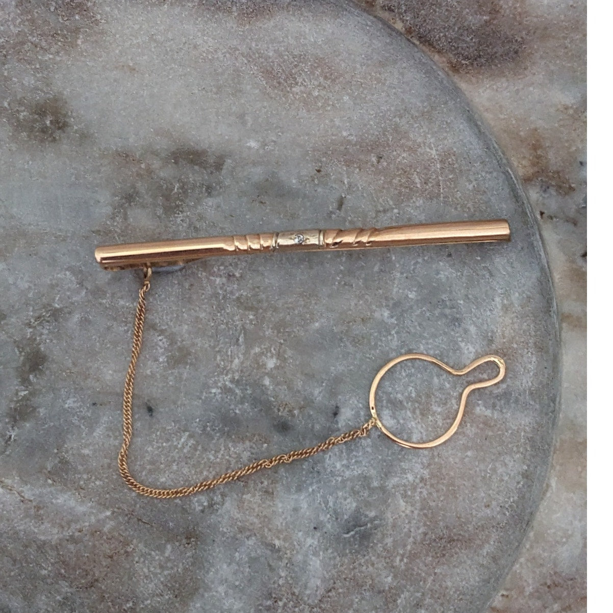 Vintage 1990s 14k Yellow Gold Tie Clasp Clip Tiny with Diamond Chip