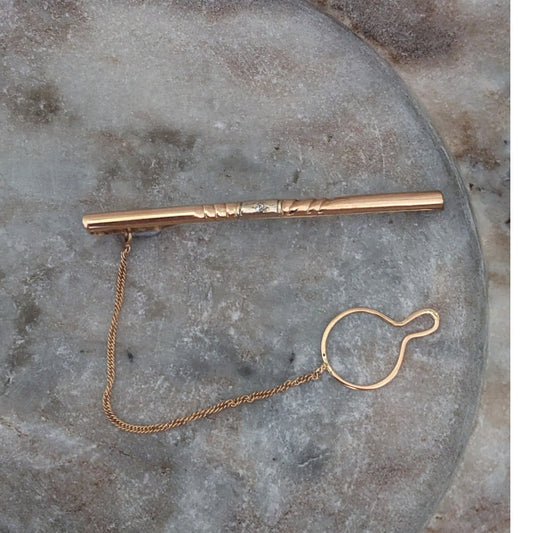 Vintage 1990s 14k Yellow Gold Tie Clasp Clip Tiny with Diamond Chip