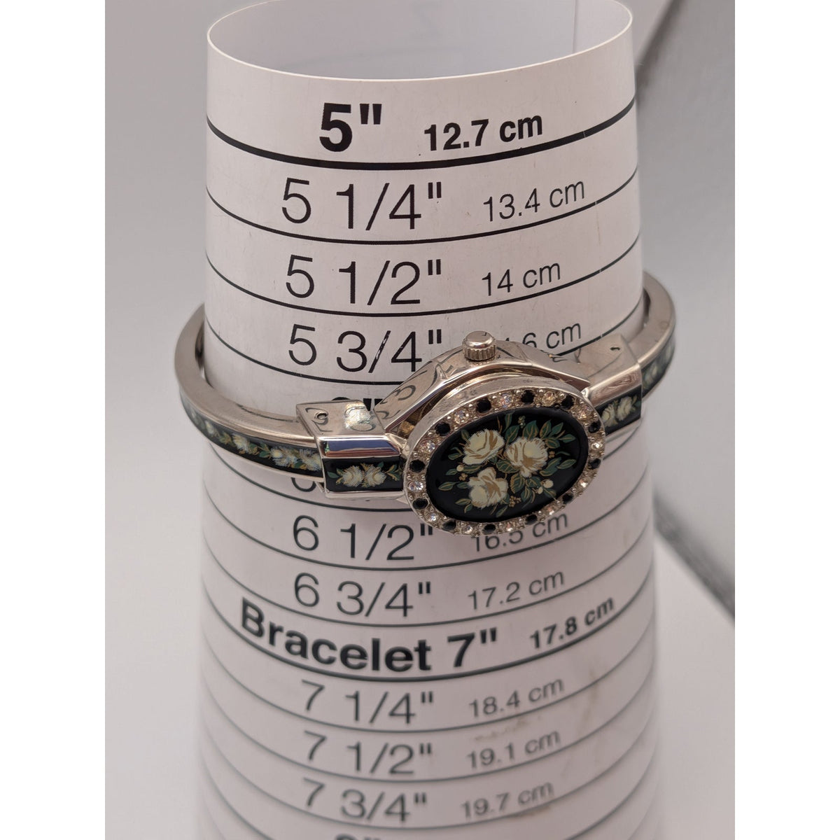 Andre Mouche Silver Tone Bangle Peekaboo Watch Black Enamel White Roses & Stones