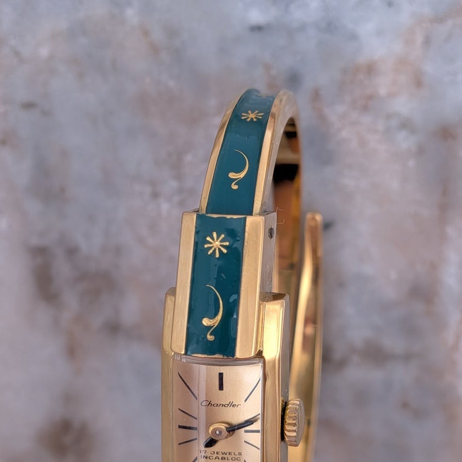 Vintage Chandler MANUAL Gold Tone Bangle Watch Green Enamel & Gold Floral Accent