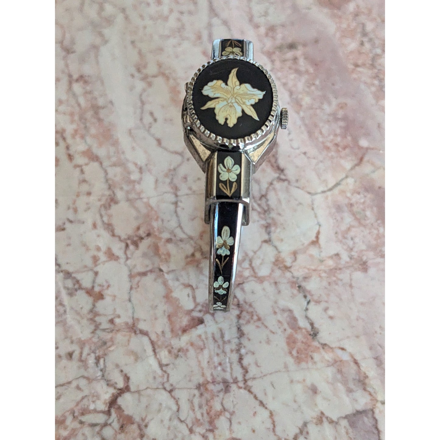 Vintage Andre Mouche Silver Tone Bangle Watch Black Enamel Cream Flowers
