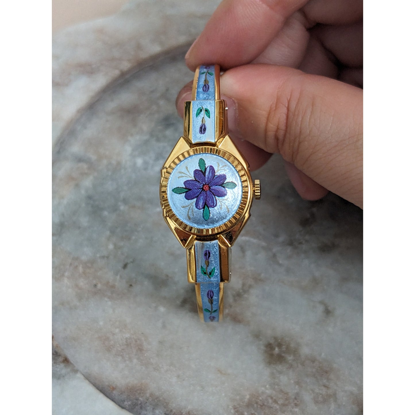 Vintage Andre Mouche Silver Tone Bangle Watch with Blue Floral Enamel Working