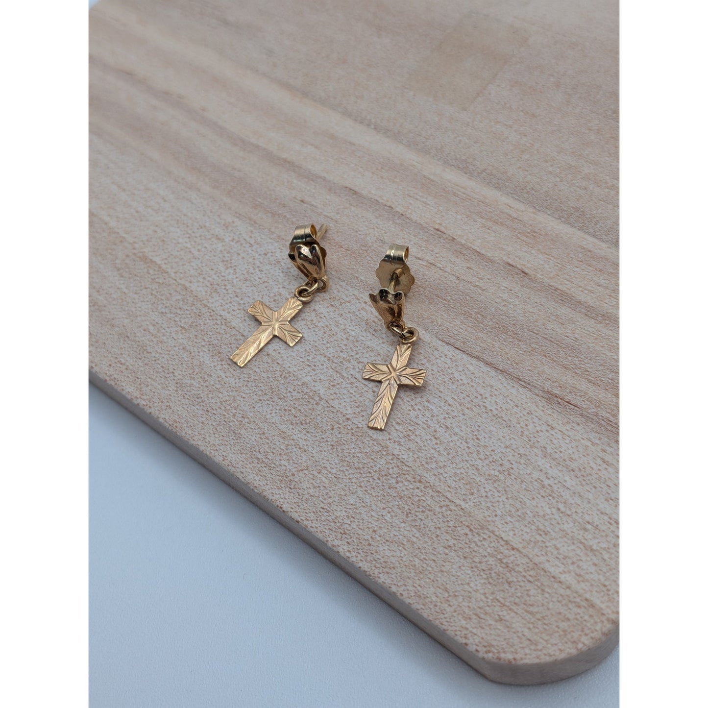 Vintage 14k Yellow Gold Dainty TINY Diamond Cut Cross Charm Earrings