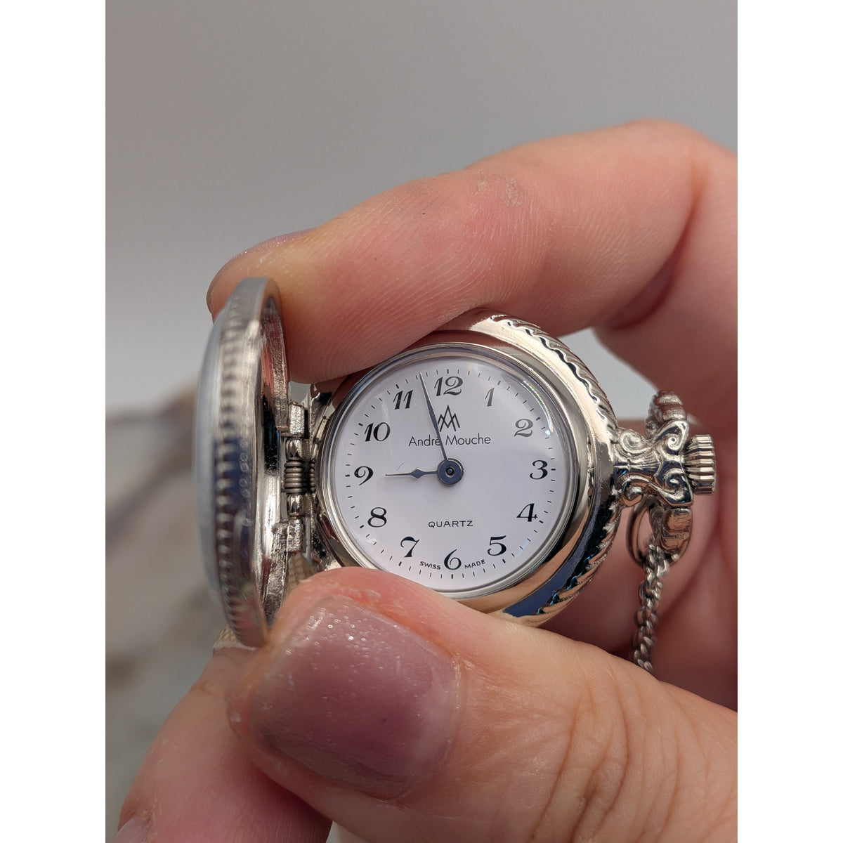 Vintage Andre Mouche Silver Tone Pendant Watch Necklace Grey Enamel Blue Flowers