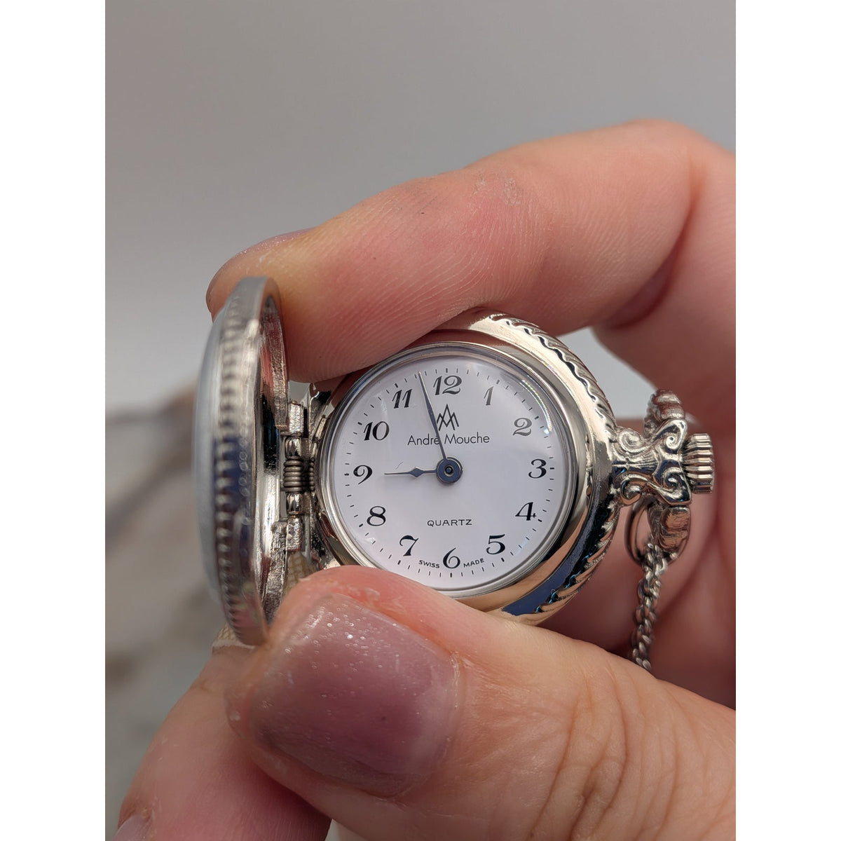Vintage Andre Mouche Silver Tone Pendant Watch Necklace Grey Enamel Blue Flowers