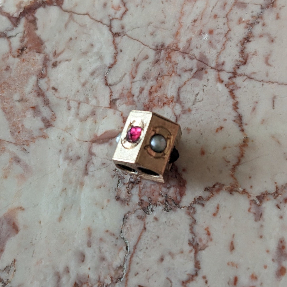 Vintage Unmarked 10k Gold Dainty Mini Pink and White Faux Stones Slider Charm