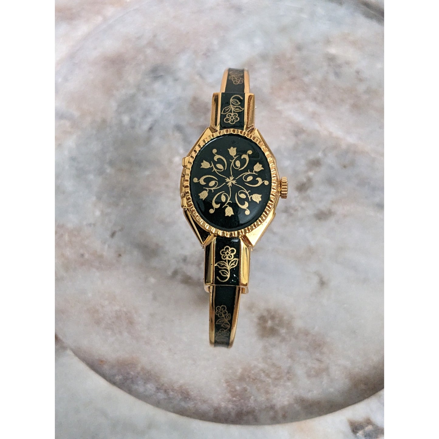 Vintage Andre Mouche Silver Tone Bangle Watch with Blue Floral Enamel Working