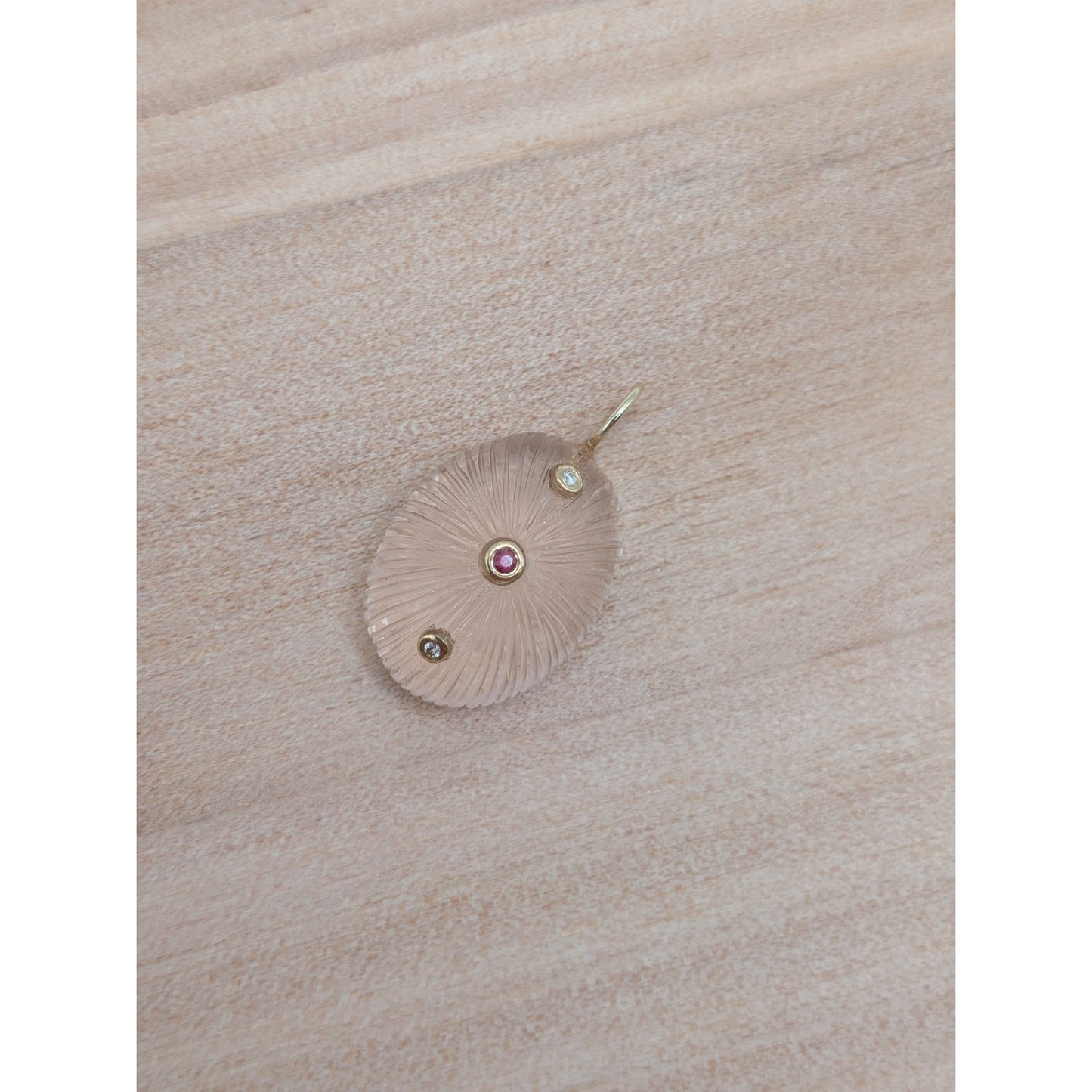 14K Gold Carved Fluted Rose Quartz Pendant w/ Natural Ruby & Diamond Accents