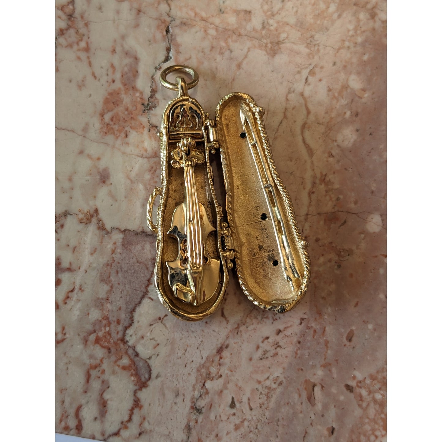 Vintage Unmarked 14k Intricate Violin Case Locket Movable Violin Charm Pendant