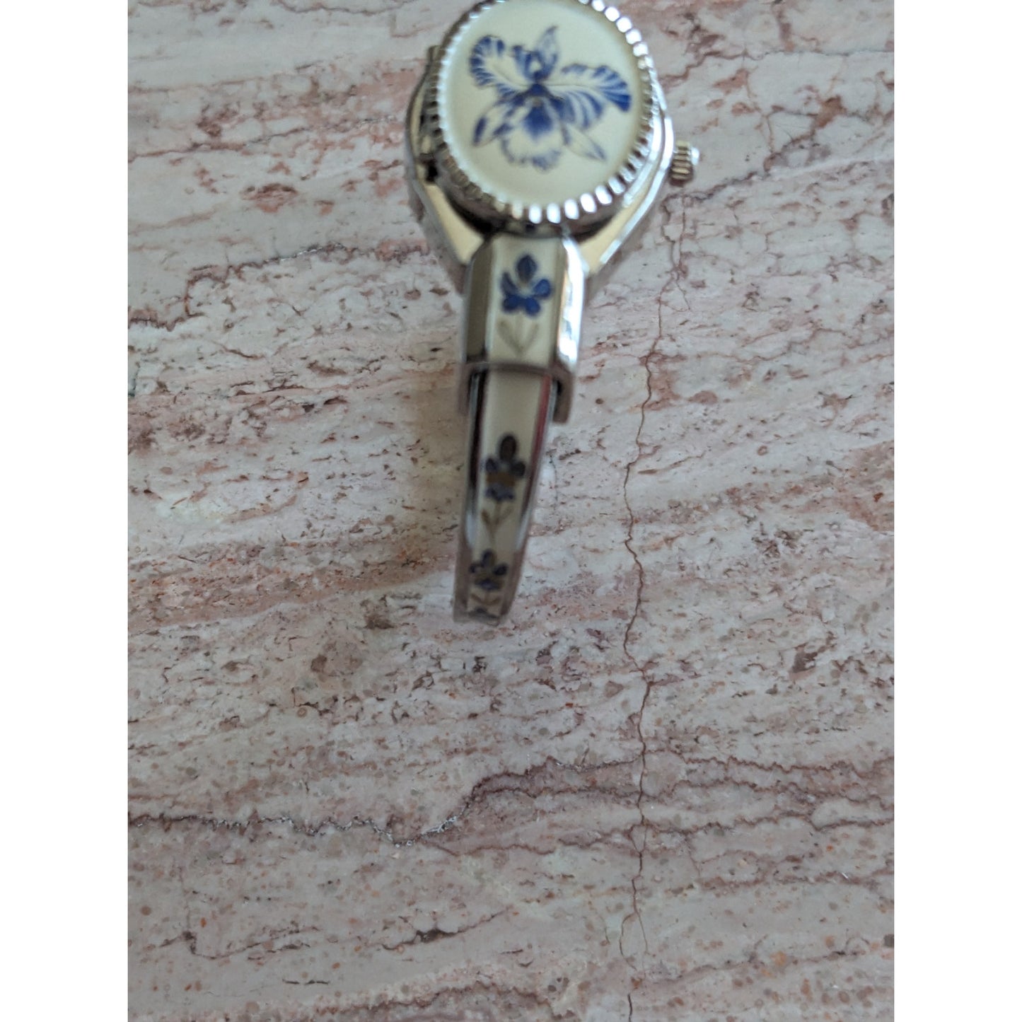 Vintage Andre Mouche Silver Tone Bangle Watch White Enamel Blue Florals