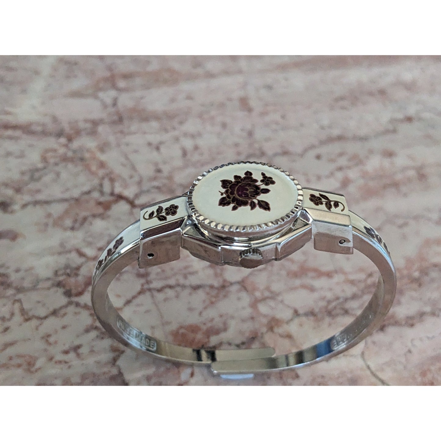 Vintage Andre Mouche Silver Tone Bangle Watch White Enamel Deep Red Flowers