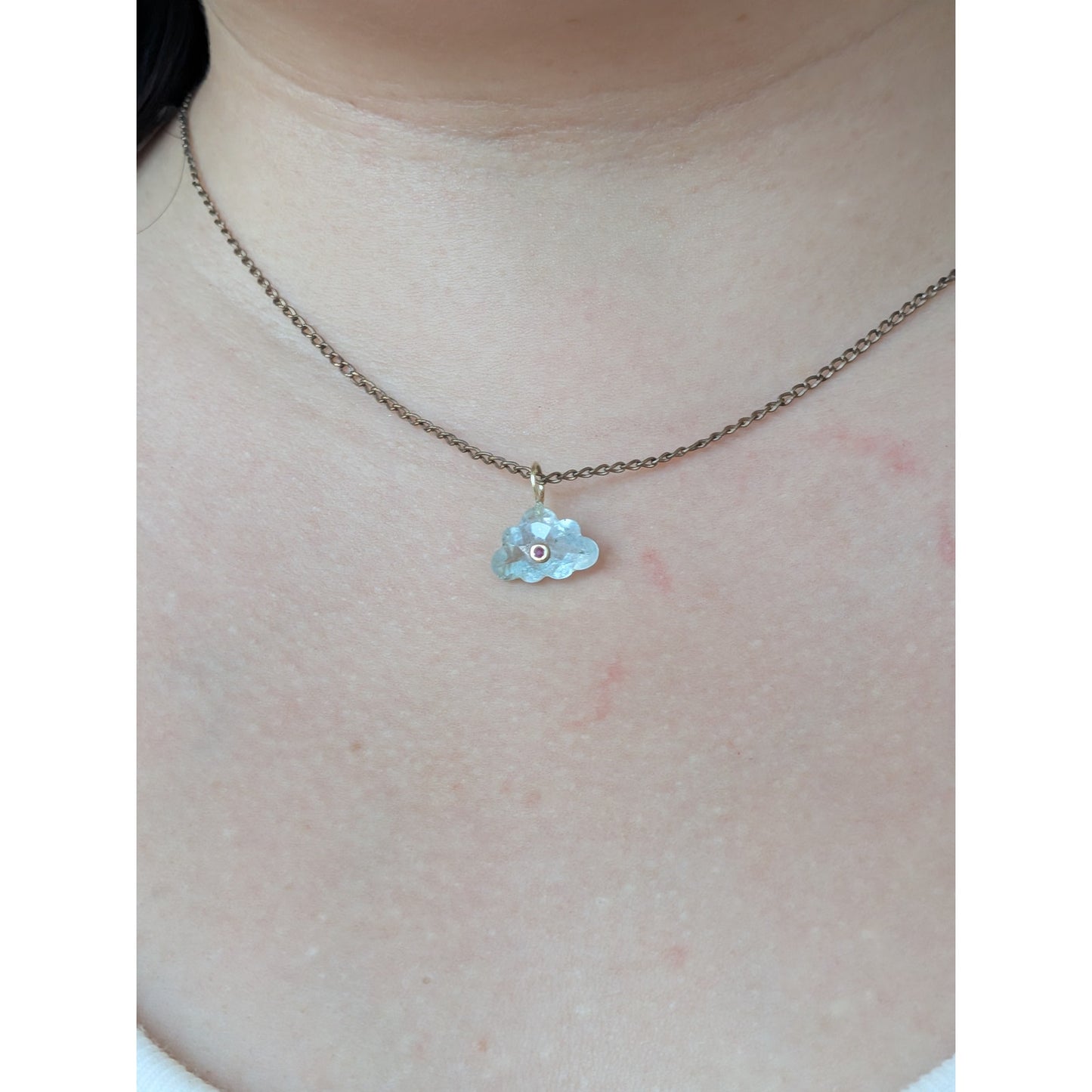 14K Gold Blue Topaz Cloud Pendant Natural Ruby Inlay Carved Gemstone