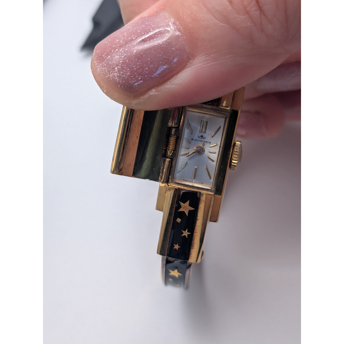 FLAW Vintage Bucherer Gold Peekaboo Watch Black Enamel Gold Stars POOR CONDITION
