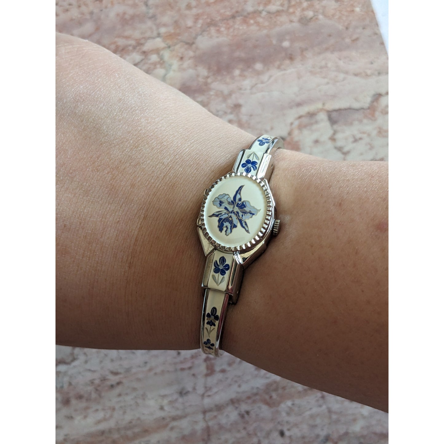 Vintage Andre Mouche Silver Tone Bangle Watch White Enamel Blue Flowers