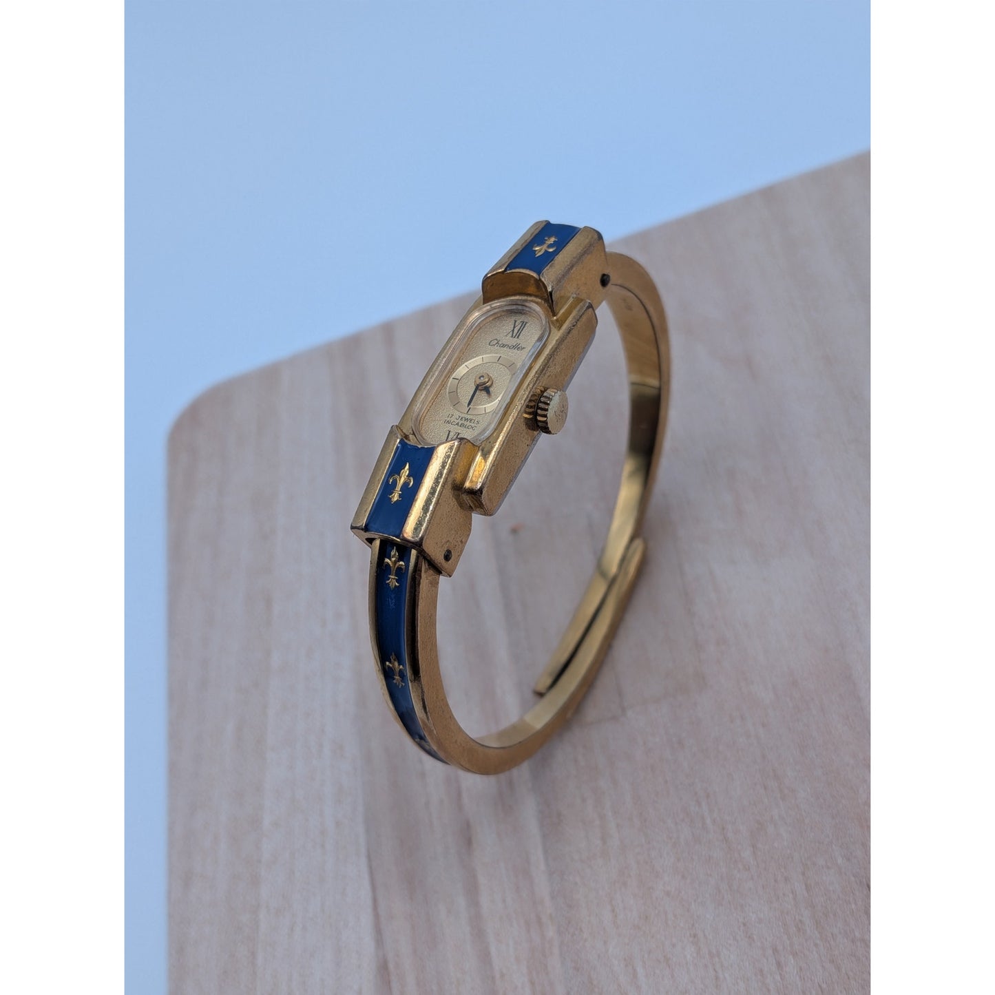 Vintage Chandler Gold Tone Manual Watch Blue Enamel Fleur De Lis Accents